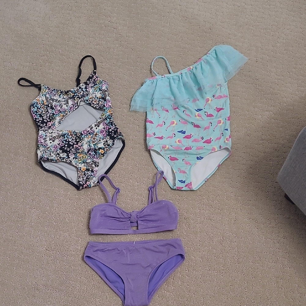 Girls Floral & Flamingo Swimsuit Set with Purple Bikini